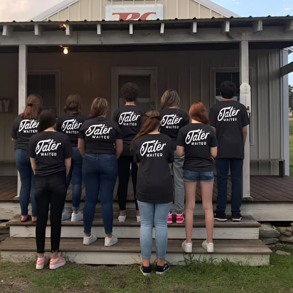 Nine Fried Tater Cafe staff members in black "Tater Waiter" shirts stand on a wooden porch.